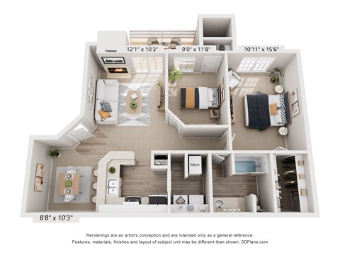 Floor plan for 2 beds, 1 bath, 886 sqft