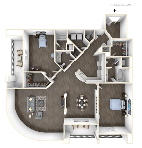 Floor plan for 2 beds, 2 baths, 1637 sqft