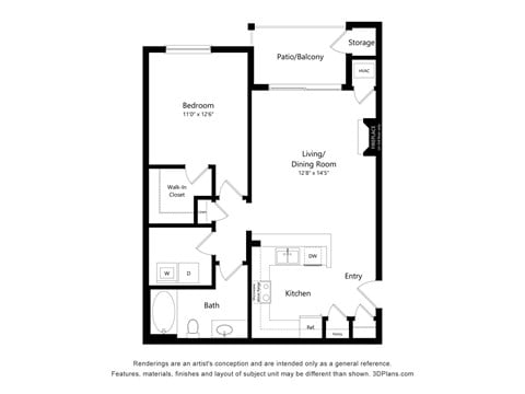 Floor plan for 1 bed, 1 bath, 810 sqft