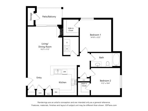 Floor plan for 2 beds, 1 bath, 1015 sqft