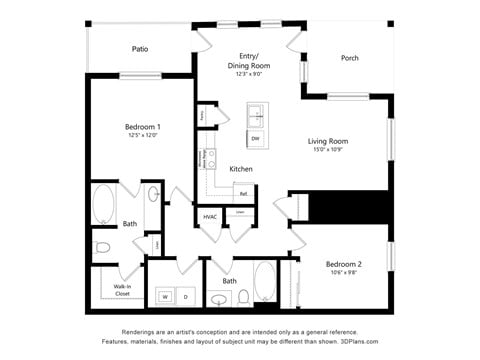 Floor plan for 2 beds, 2 baths, 1030 sqft