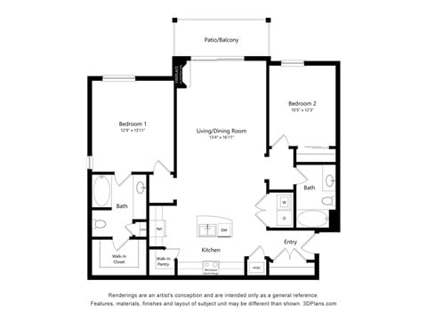 Floor plan for 2 beds, 2 baths, 1189 sqft