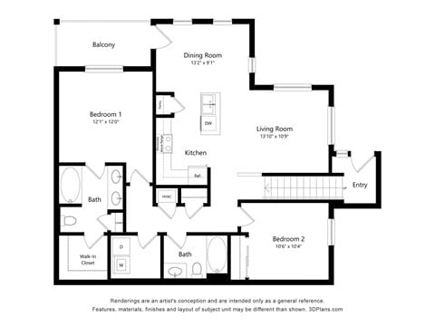 Floor plan for 2 beds, 2 baths, 1105 sqft
