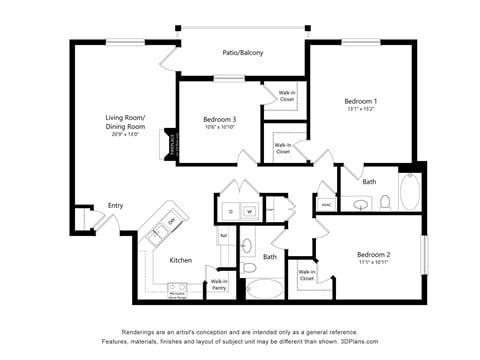 Floor plan for 3 beds, 2 baths, 1350 sqft