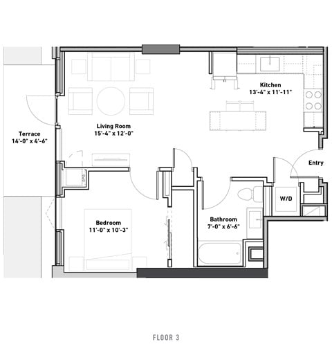 Floor plan for 1 bed, 1 bath, 650 sqft