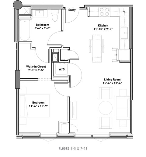 Floor plan for 1 bed, 1 bath, 732 sqft