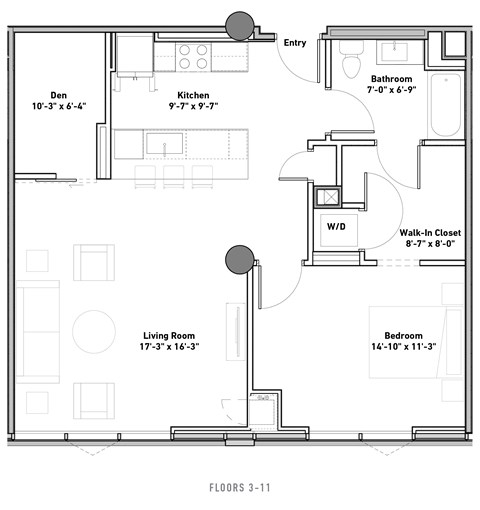 Floor plan for 1 bed, 1 bath, 926 sqft