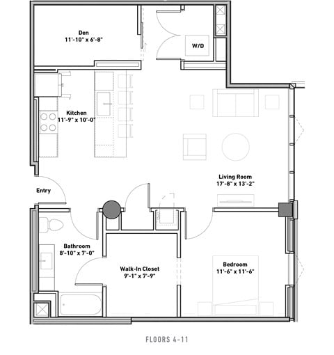 Floor plan for 1 bed, 1 bath, 936 sqft