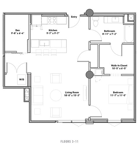 Floor plan for 1 bed, 1 bath, 935 sqft