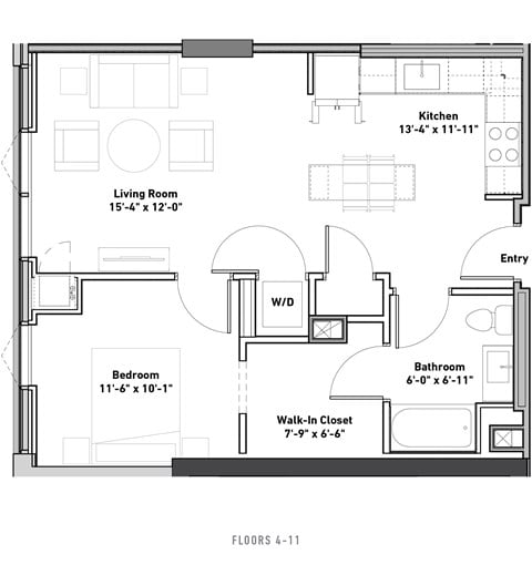 Floor plan for 1 bed, 1 bath, 687 sqft