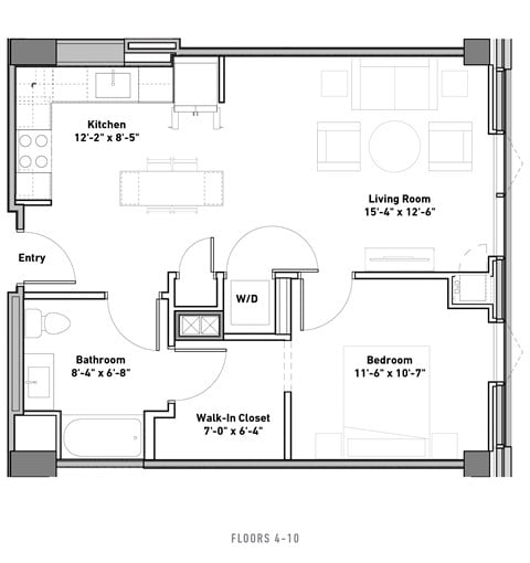 Floor plan for 1 bed, 1 bath, 695 sqft