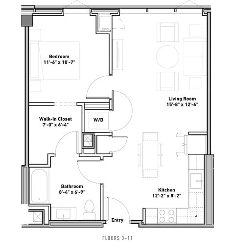 Floor plan for 1 bed, 1 bath, 695 sqft
