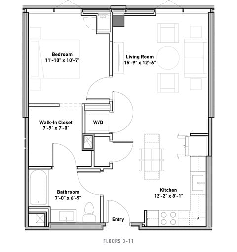 Floor plan for 1 bed, 1 bath, 695 sqft