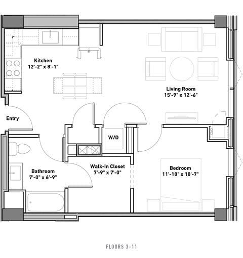 Floor plan for 1 bed, 1 bath, 695 sqft