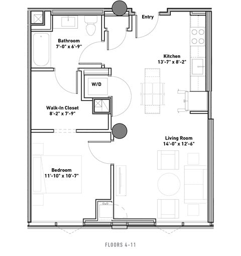 Floor plan for 1 bed, 1 bath, 695 sqft