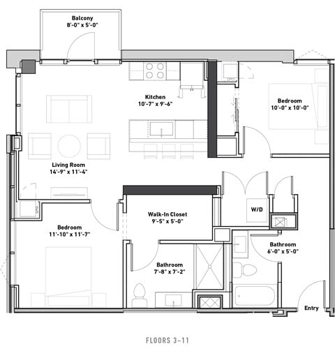 Floor plan for 2 beds, 2 baths, 1004 sqft