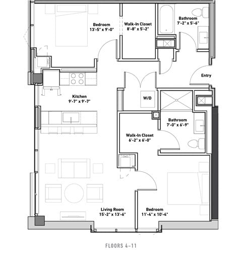 Floor plan for 2 beds, 2 baths, 1016 sqft