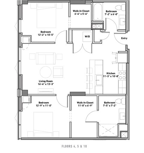 Floor plan for 2 beds, 2 baths, 1044 sqft