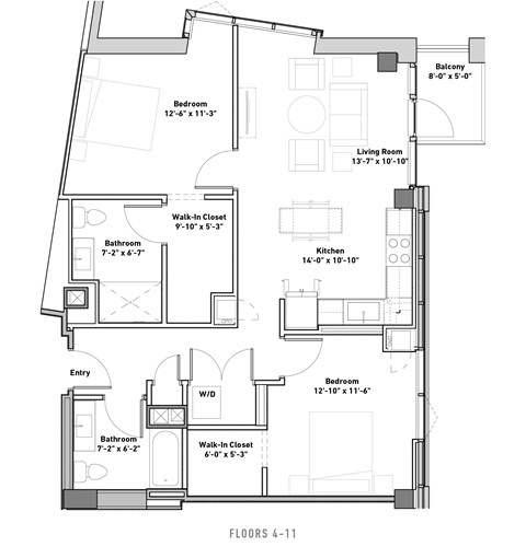 Floor plan for 2 beds, 2 baths, 1066 sqft