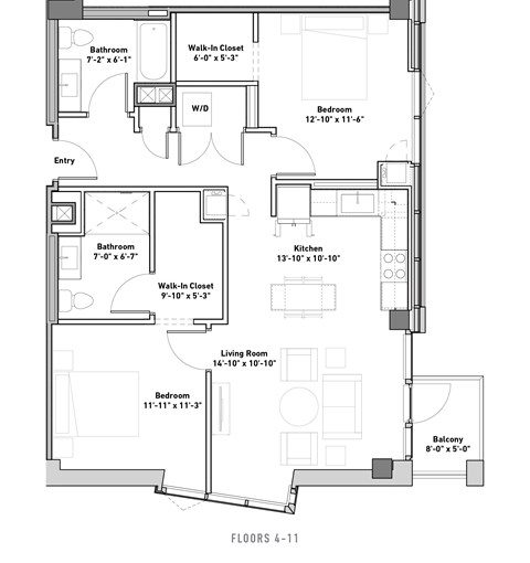 Floor plan for 2 beds, 2 baths, 1074 sqft