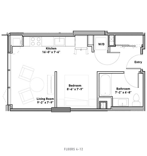 Floor plan for studio, 1 bath, 458 sqft