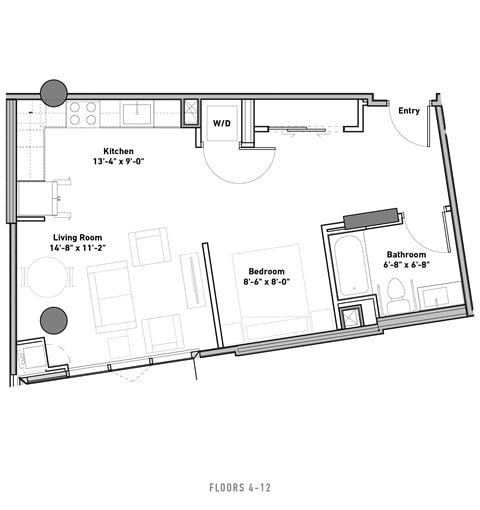 Floor plan for studio, 1 bath, 616 sqft
