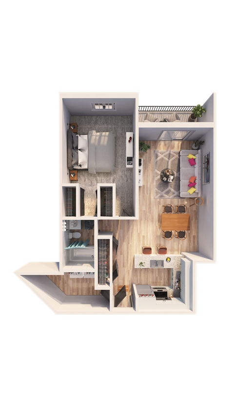 Floor plan for 1 bed, 1 bath, 760 sqft
