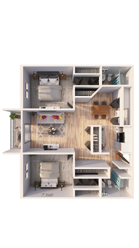 Floor plan for 2 beds, 2 baths, 1039 sqft