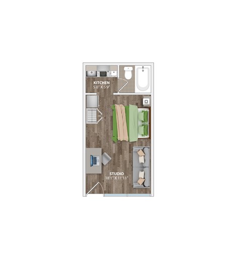 Floor plan for studio, 1 bath, 351 sqft