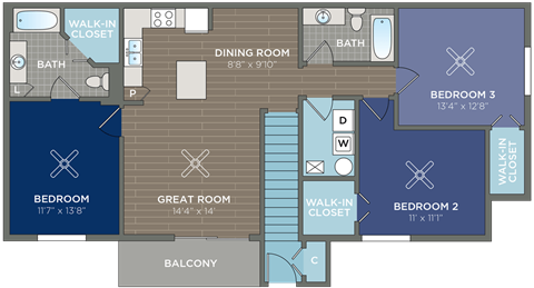 Floor plan for 3 beds, 2 baths, 1375 sqft