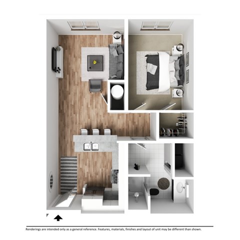 Floor plan for 1 bed, 1 bath, 716 sqft