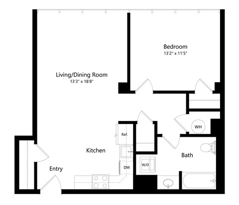 Floor plan for 1 bed, 1 bath, 681 sqft