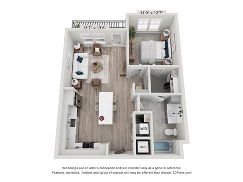 Floor plan for 1 bed, 1 bath, 791 sqft