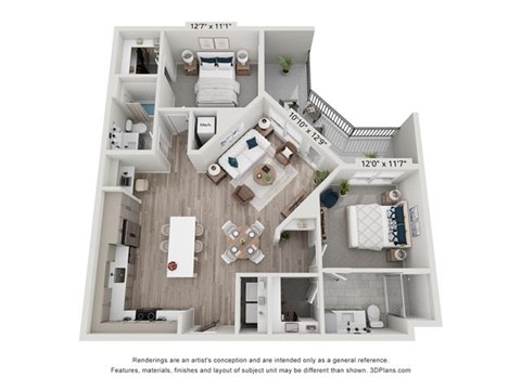 Floor plan for 2 beds, 2 baths, 1172 sqft