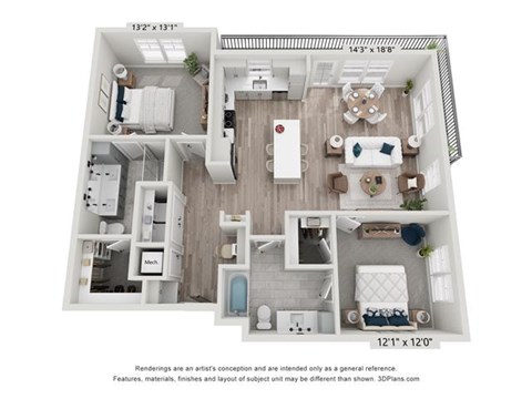 Floor plan for 2 beds, 2 baths, 1321 sqft