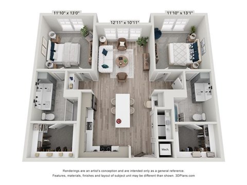 Floor plan for 2 beds, 2 baths, 1225 sqft