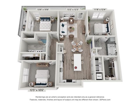 Floor plan for 3 beds, 2 baths, 1427 sqft