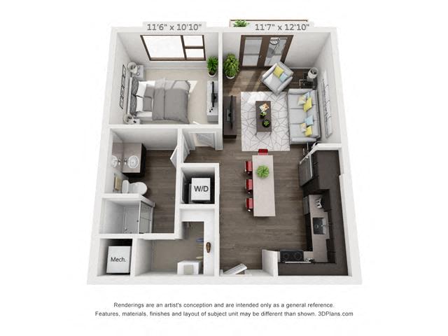 Floor plan for 1 bed, 1 bath, 626 sqft