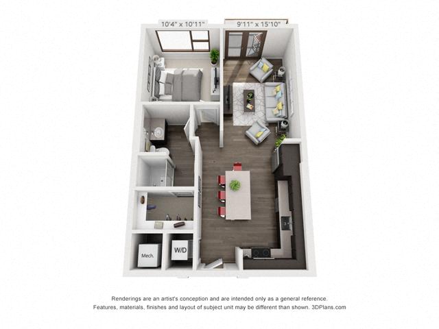 Floor plan for 1 bed, 1 bath, 672 sqft