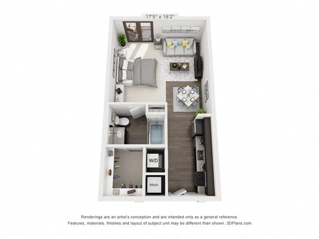 Floor plan for studio, 1 bath, 607 sqft