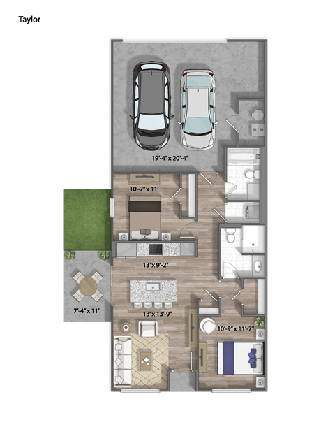 Floor plan for 2 beds, 2 baths, 849 sqft