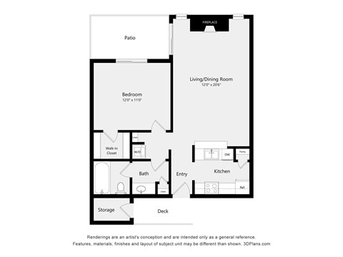 Floor plan for 1 bed, 1 bath, 660 sqft
