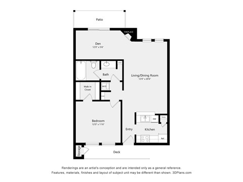 Floor plan for 1 bed, 1 bath, 785 sqft