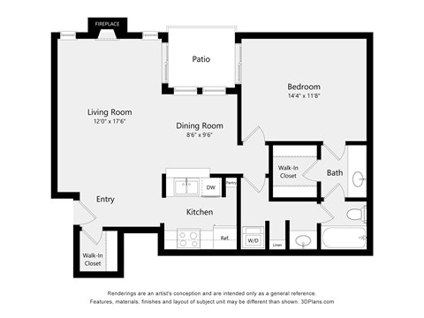 Floor plan for 1 bed, 1 bath, 835 sqft