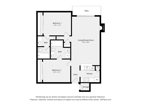 Floor plan for 2 beds, 2 baths, 927 sqft
