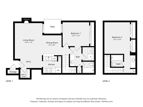 Floor plan for 2 beds, 2 baths, 1200 sqft