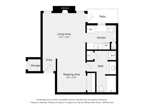 Floor plan for 1 bed, 1 bath, 475 sqft