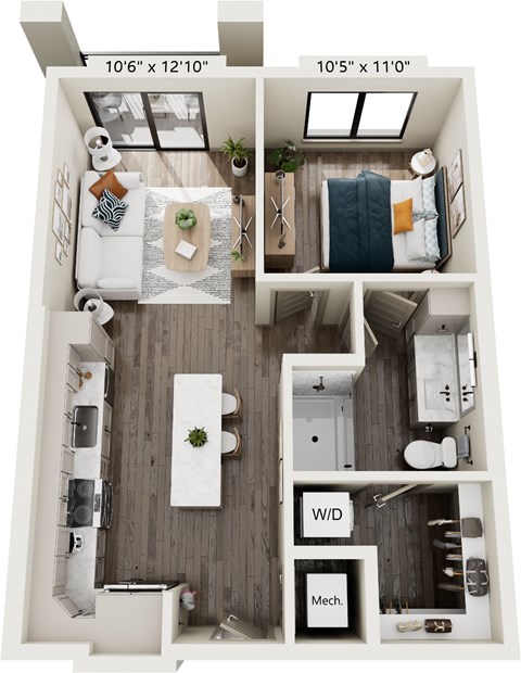 Floor plan for 1 bed, 1 bath, 640 sqft