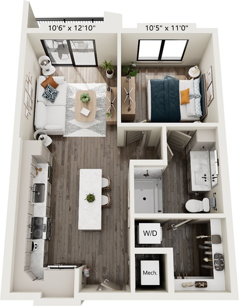 Floor plan for 1 bed, 1 bath, 640 sqft
