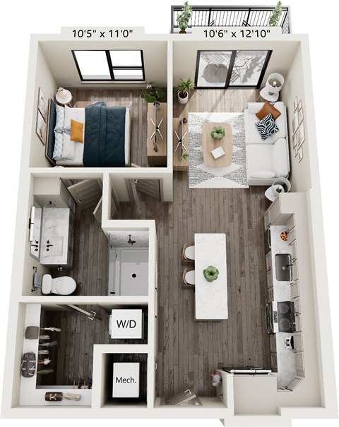 Floor plan for 1 bed, 1 bath, 640 sqft
